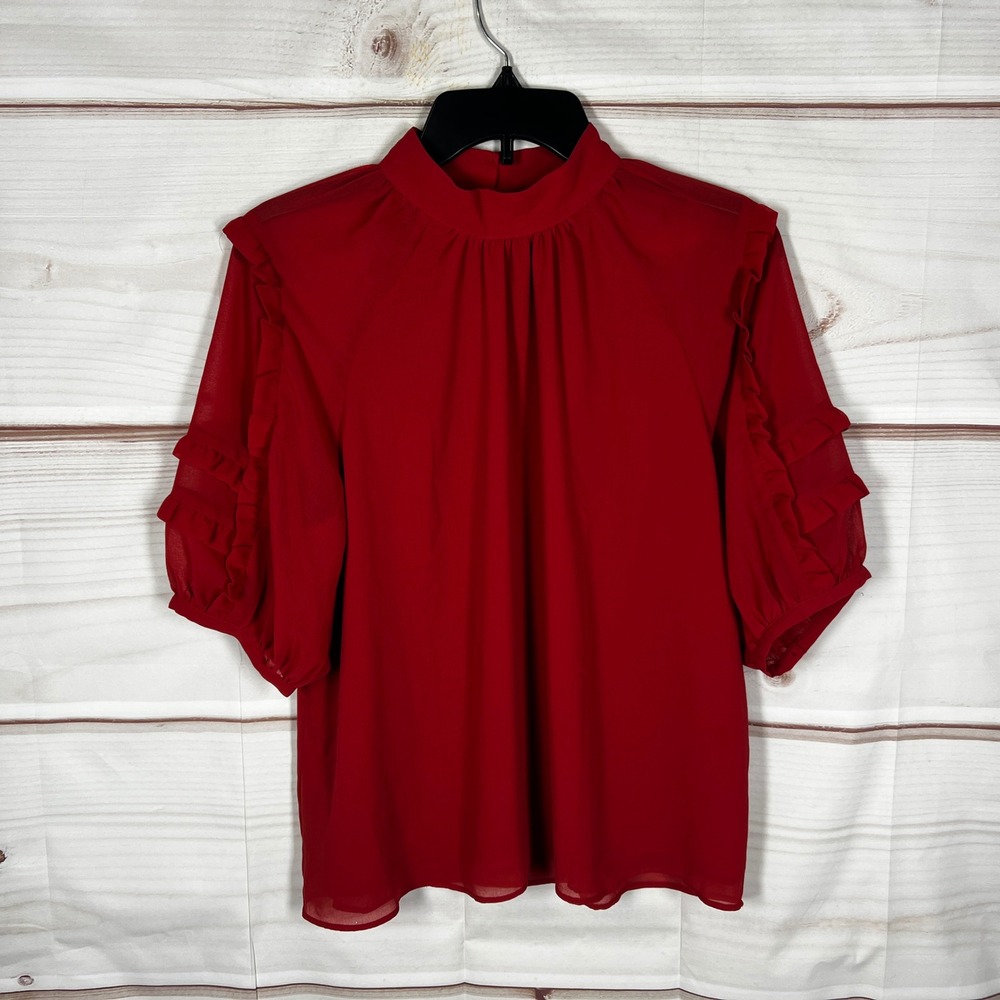 Ann Taylor Ruffle Sleeve Mock Neck Blouse Women Small Red Solid Chiffon Pullover